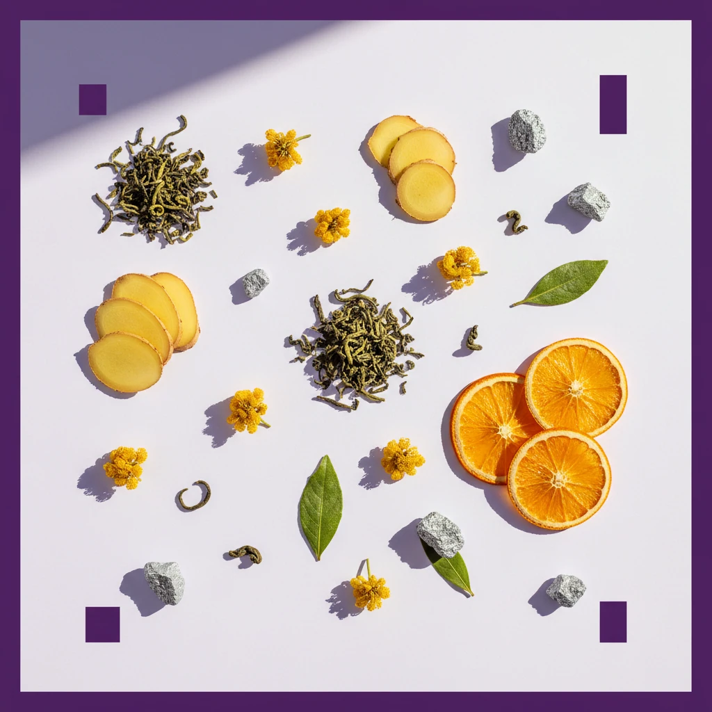 Platte lay van groene thee bladeren, gemberwortel plakjes, guggul bloemen en vitamine C sinaasappelschijfjes