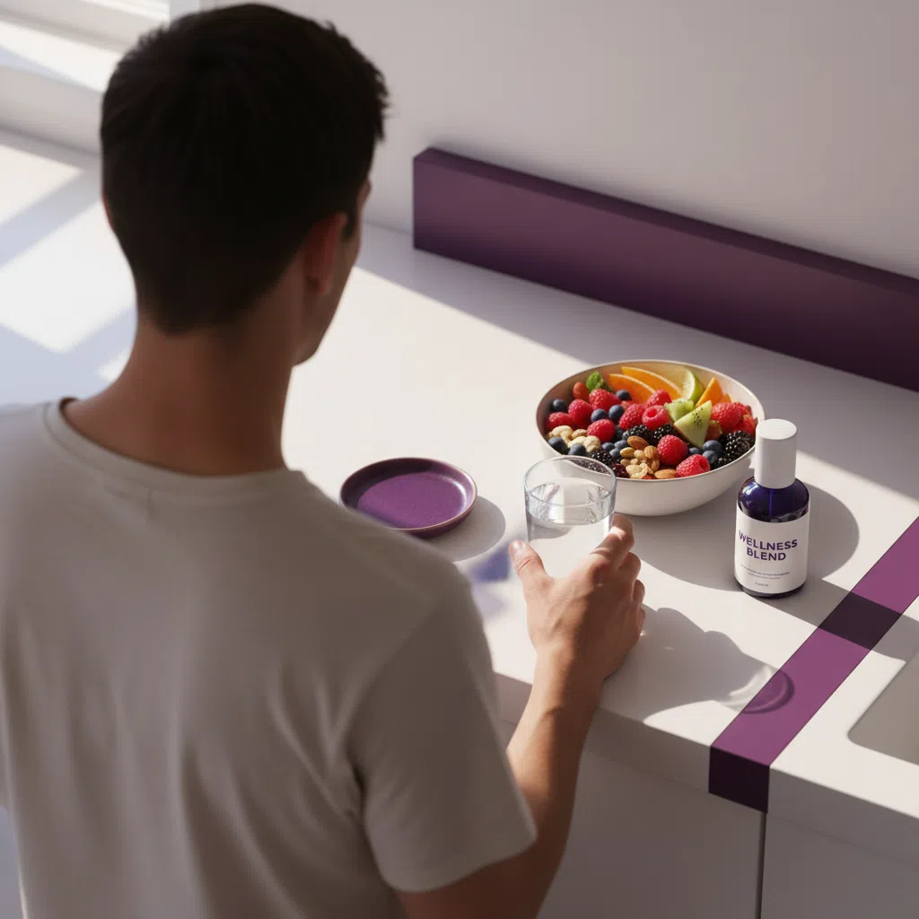 Anonieme persoon van achteren met een glas water aan een keukentafel - plantaardige capsules voor dagelijkse energie